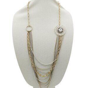 VCLM Mixed Metal Layered Statement Chain Necklace Silver White Gold Tones 38"